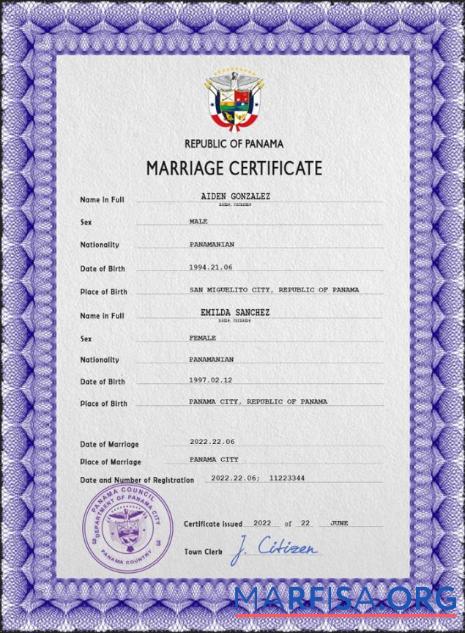 Blank Panama marriage certificate PSD template